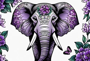 Elephant face half covered with lilacs tattoo idea