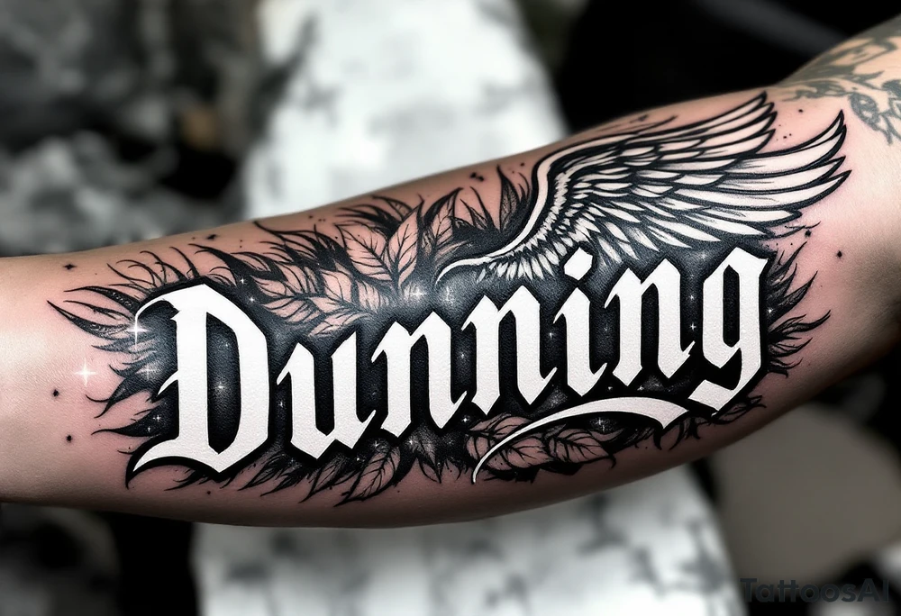Dunning, Details include on left arm, name in white color,angel wing, wet jungle leaves,cool font, galaxy background filling, tattoo idea