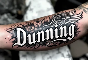 Dunning, Details include on left arm, name in white color,angel wing, wet jungle leaves,cool font, galaxy background filling, tattoo idea