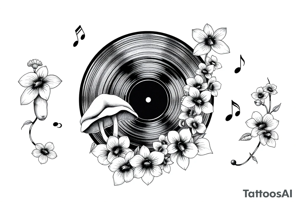 one black and white vinyl record with mushrooms, orchids, and music notes around it tattoo idea