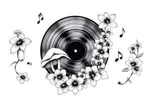 one black and white vinyl record with mushrooms, orchids, and music notes around it tattoo idea