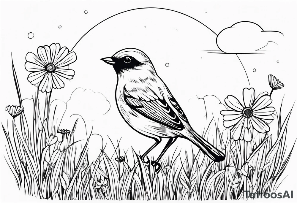 Little bird out perched on a field of grass and daisys tattoo idea