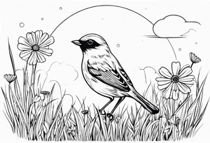 Little bird out perched on a field of grass and daisys tattoo idea