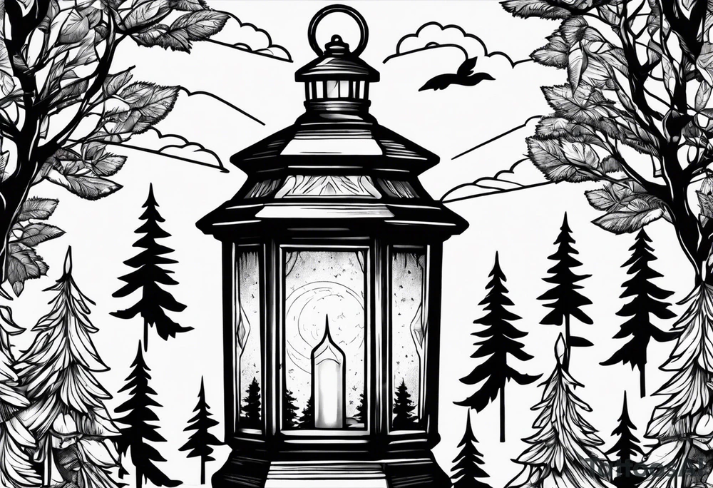 vintage lantern with a forest inside tattoo idea