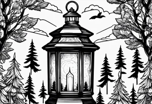 vintage lantern with a forest inside tattoo idea