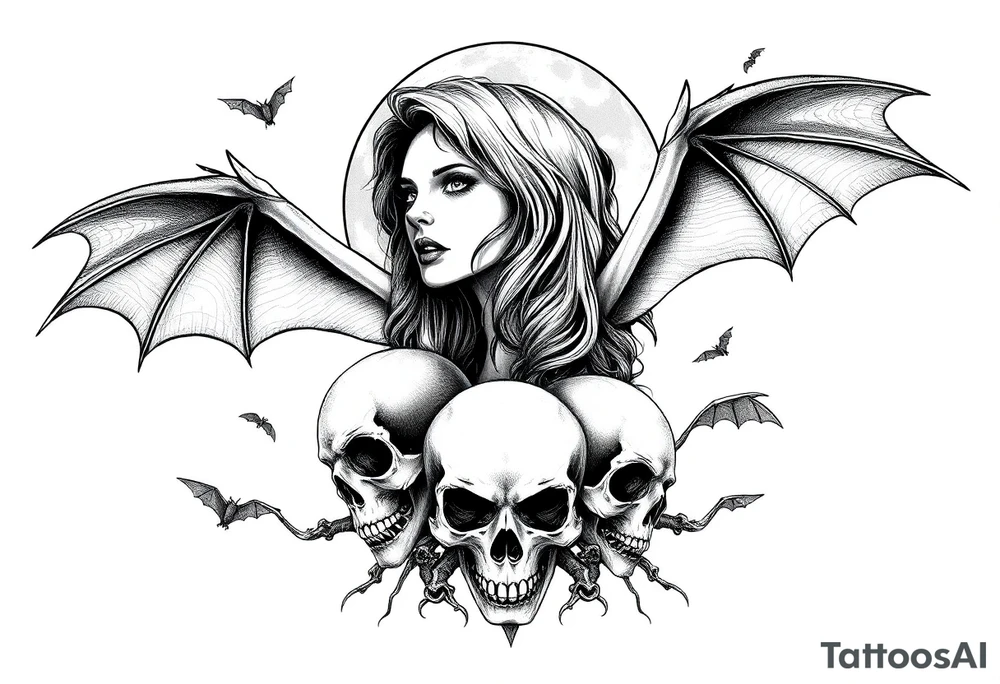 female vampire,bats,full moon,skulls. tattoo idea