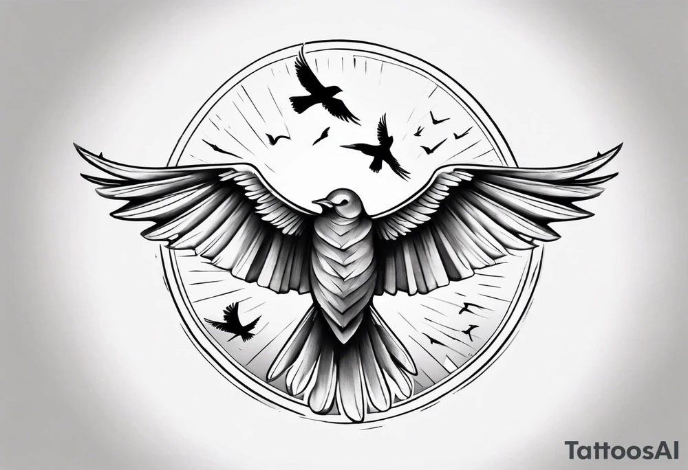 shoulder tattoo with light rays with birds flying free among the clouds, round shape, with gradient ends tattoo idea