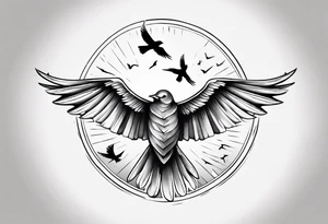 shoulder tattoo with light rays with birds flying free among the clouds, round shape, with gradient ends tattoo idea
