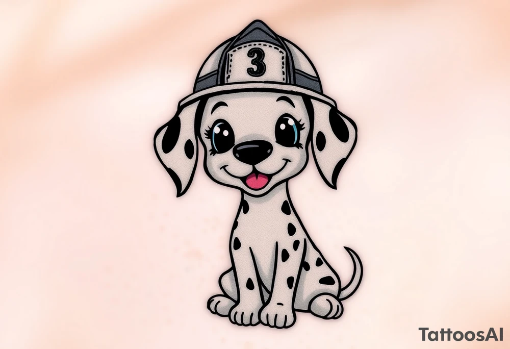 A Dalmatian wearing a firefighter’s helmet, sitting proudly with a playful yet heroic expression, in realistic black and white tones. tattoo idea