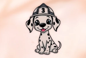 A Dalmatian wearing a firefighter’s helmet, sitting proudly with a playful yet heroic expression, in realistic black and white tones. tattoo idea