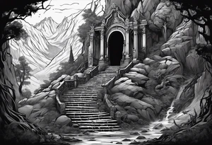 walking through the shadow valley of death with a stair case in the middle and demons on one side and a angel on the other side tattoo idea