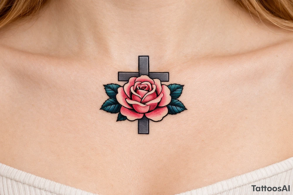 Pink rose , petrol leaves no stem, 
 cross behind it, cross is grey, cross is solid and has straight lines, vertical line is longer tattoo idea
