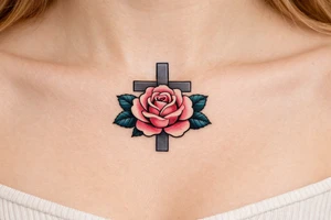 Pink rose , petrol leaves no stem, 
 cross behind it, cross is grey, cross is solid and has straight lines, vertical line is longer tattoo idea
