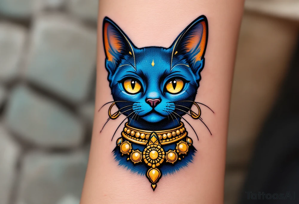 A cobalt-blue Bastet cat with gold earrings and collar, radiating mystery and protection. tattoo idea