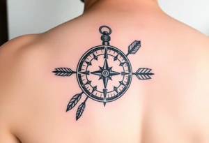 left forearm rustic compass/clock with a native american arrow going thru it and say "True North" tattoo idea