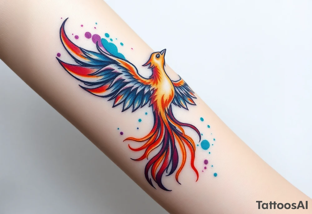 Phoenix in flames with purple, blue, orange, teal and green splashes, looking upwards. Materializing from below, no outline. tattoo idea