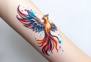 Phoenix in flames with purple, blue, orange, teal and green splashes, looking upwards. Materializing from below, no outline. tattoo idea