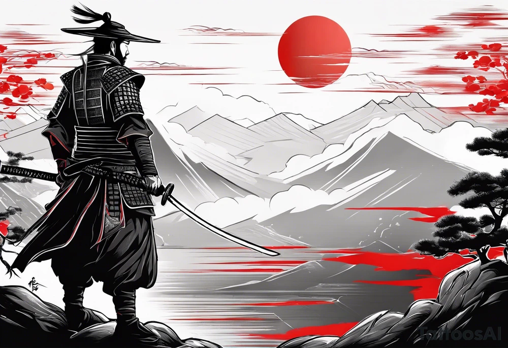 Black abstract of ronin with his katana drawn standing sidewise with a red sun in back groun to show pride tattoo idea