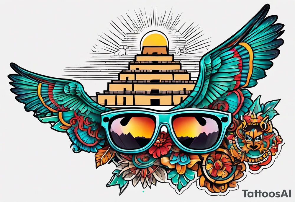 Colorful Mayan hieroglyph with sunglasses reflecting Chichen itza. Bats and waves tattoo idea