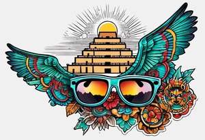 Colorful Mayan hieroglyph with sunglasses reflecting Chichen itza. Bats and waves tattoo idea