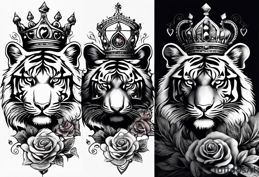 Full right arm sleeve  tiger with a crown and third eye with a hour glass instead the hour glass brain cover in in clouds and a heart cover in grass and roots with roses and smoke all over the arm tattoo idea