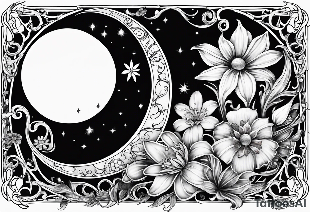 Crescent moon with daisy's, lily’s, crystals, and mushrooms tattoo idea