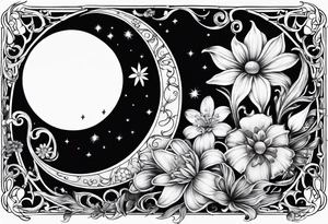 Crescent moon with daisy's, lily’s, crystals, and mushrooms tattoo idea