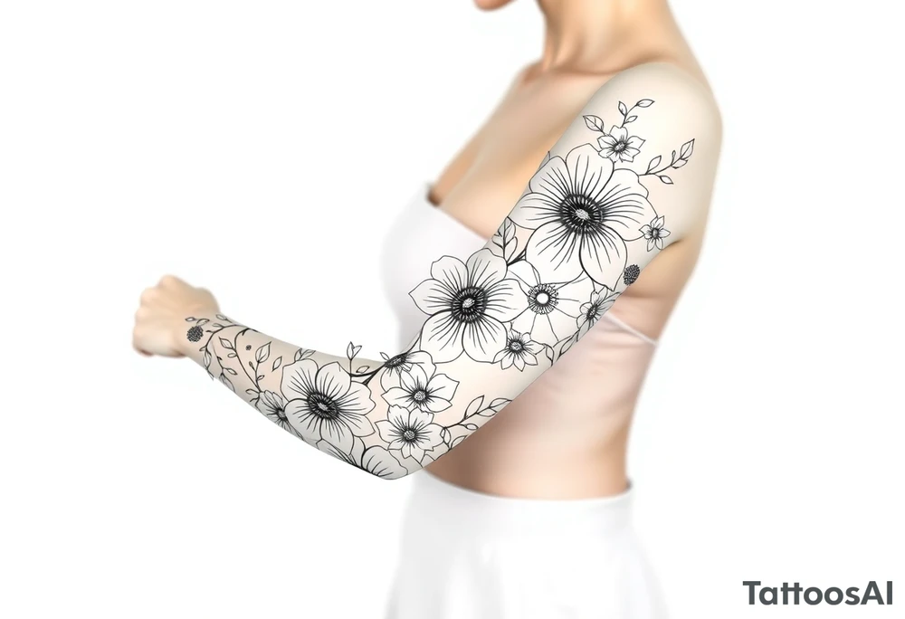 Doodles full sleeve with flowers. Not perfect lines. Abstract. Artistic. Unique tattoo idea