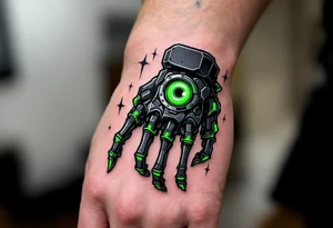 A robotic skeletal hand in matte black and neon green, seamlessly blending into the wrist like real armor. tattoo idea