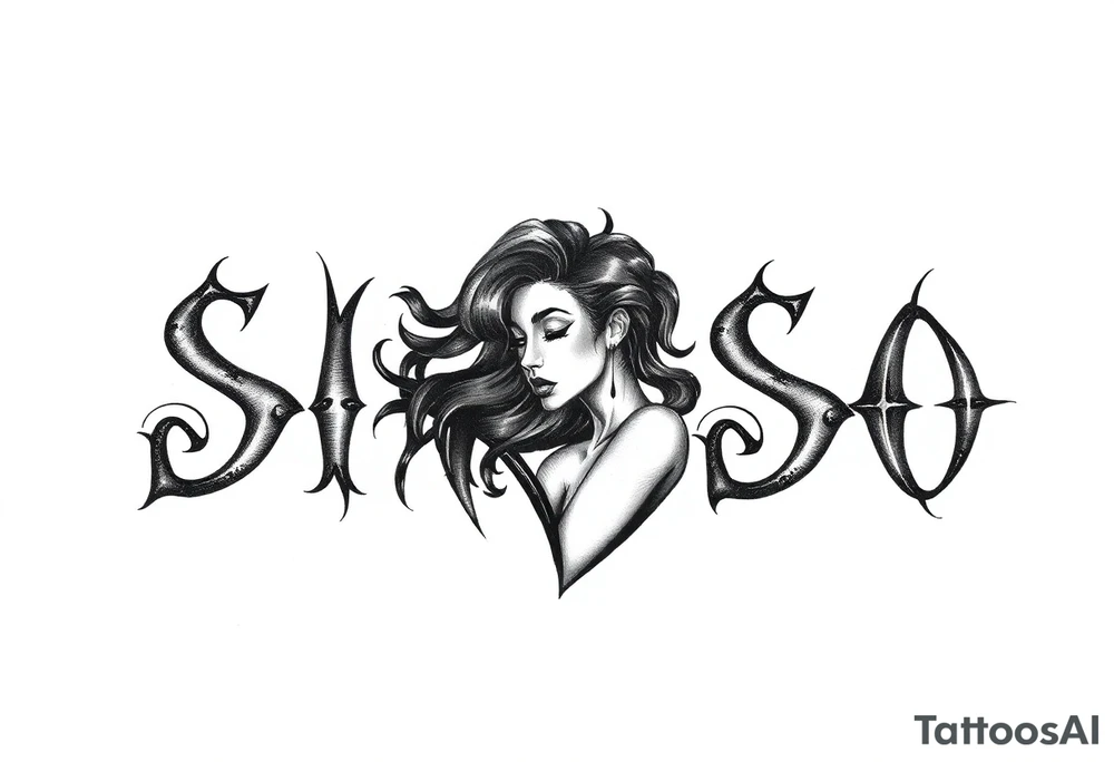 Abstract Tribal font saying “SIRISO” with all letters close together and the S in SIRISO connected to the O and a silloute of a sexy black  woman in the shape of the words tattoo idea
