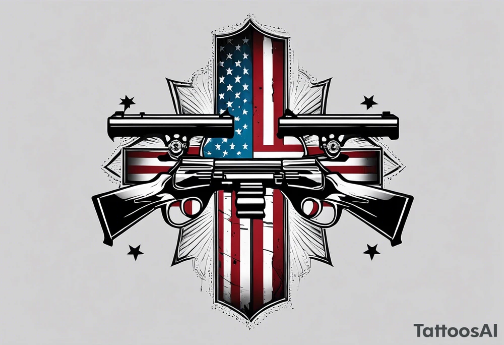 Distressed American flag behind cross with 2 guns leaned on it simple tattoo idea