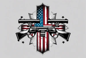 Distressed American flag behind cross with 2 guns leaned on it simple tattoo idea