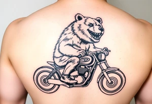 large smiling brown bear riding a motorcycle in side profile tattoo design tattoo idea