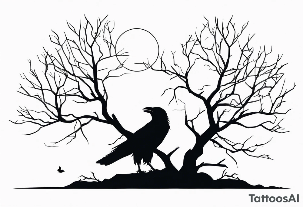 Dead tree with roots and sitting raven silhouette tattoo idea