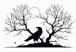 Dead tree with roots and sitting raven silhouette tattoo idea