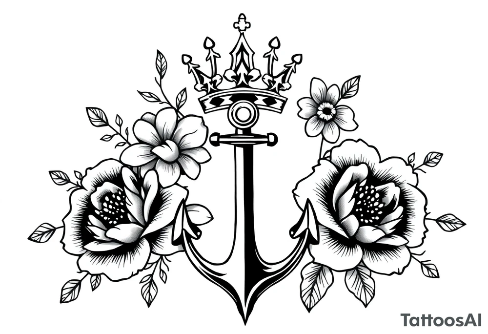 detailed beautiful gothic boho flowers with gorgeous crown and anchor tattoo idea
