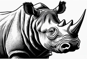 A front-facing rhino head with a sharp elongated tusk that appears angry and fierce. Ears pointed straight up and forward a bit. This rhino if he was in DnD would be a level 20 Paladin tattoo idea