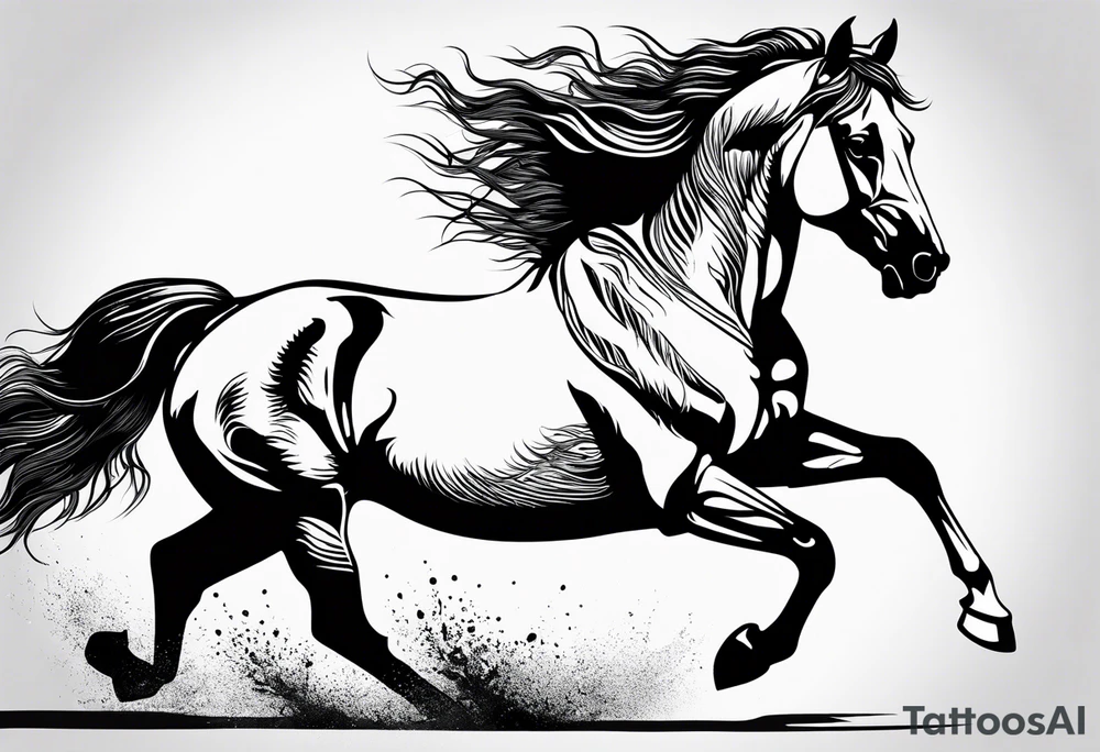 Mustang horse running along blood stomping tattoo idea