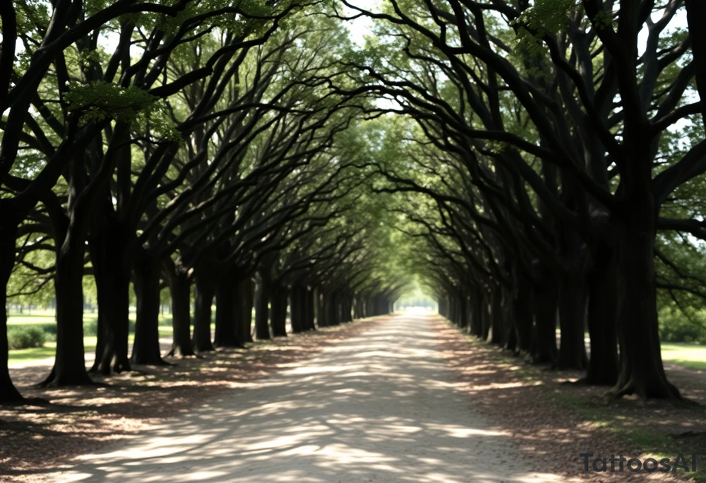 Tree lined dirt road. Road is rough, not smooth. Trees are oak, lining the road unevenly, tight so little light gets through. Branches arch across the road, some meeting in the middle. Dappled sunlight where it hits. Road gets smaller in the distance. Display tattoo on upper arm. tattoo idea