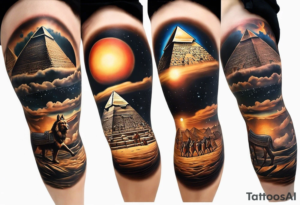 Leg sleeve on right leg between the knee and ankle. Include the great pyramids of Giza shooting beams of light straight up into the sky from the tips of the pyramids. Also include ancient technology from ancient civilizations like Vedic India, Sumer, Atlantis, etc. tattoo idea