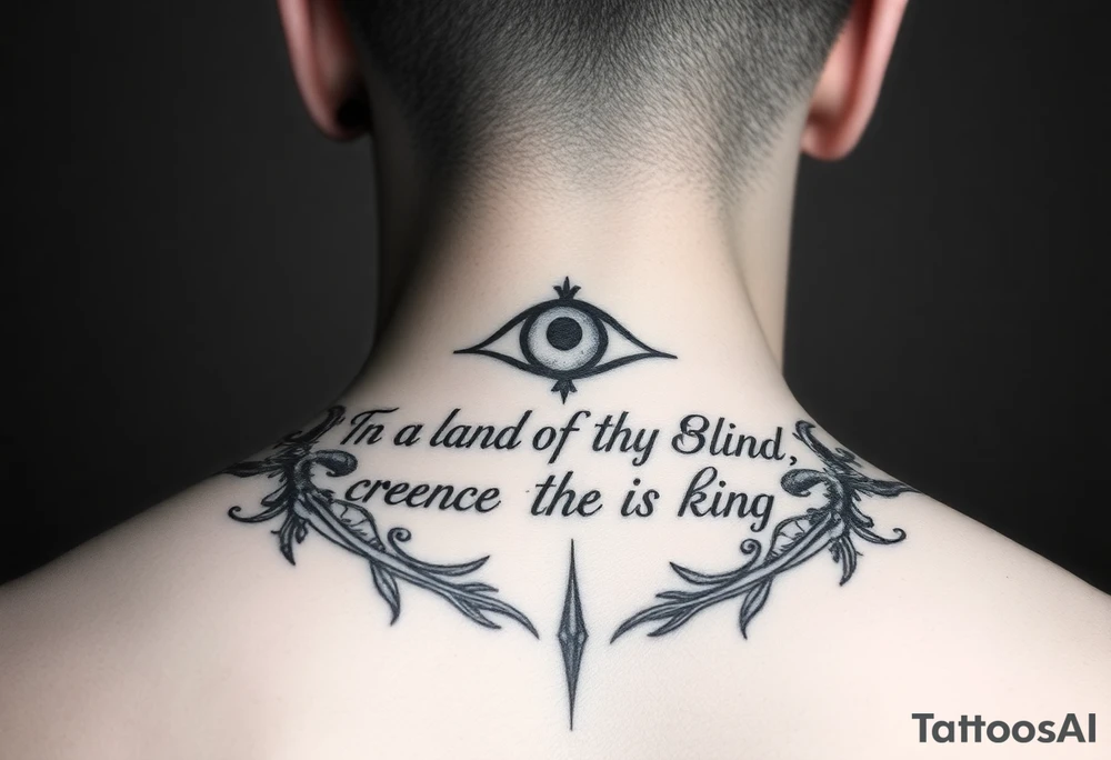 I want a tattoo with the saying "In the land of the blind, the one eyed man is king". I want to incorporate this saying into a relevant and unique design or tattoo idea. Some inspiration that I like are: Pirate theme, Roman Empire theme, Fantasy King Era theme, Futuristic/Cyberpunk theme. tattoo idea