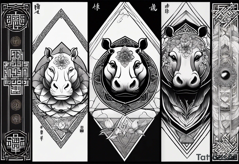 Very asymmetrical, +geometric pattern, with realistic full moon, with serious looking hippo, +zen feel, + Buddhism touch, +tribal, +geometric, +chinese inkart 
with wintersweet flower bud, +portrait orientation, +inkart touch, tattoo idea