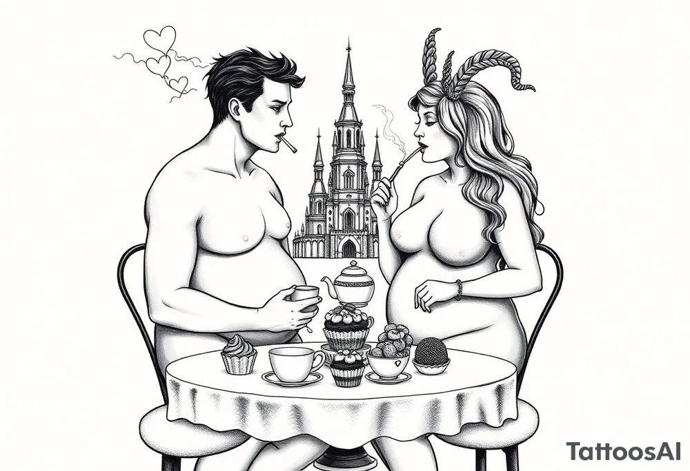 Naked Man and fat woman having sex eating cupcakes and  fruit  having sexy naked fat lady having a tea party with tea pots  swith fancy castle  
with mystical  a pigs, peacock,  lion, goat, noose and smoking cigerettes looking in the mirror thru storm clouds and broken hearts and darkness and wrath, envy , gluttony, greed, sloth, pride . Gothic tattoo idea