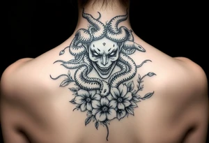 Scary medusa  with snakes coming out of her head with flowers tattoo idea