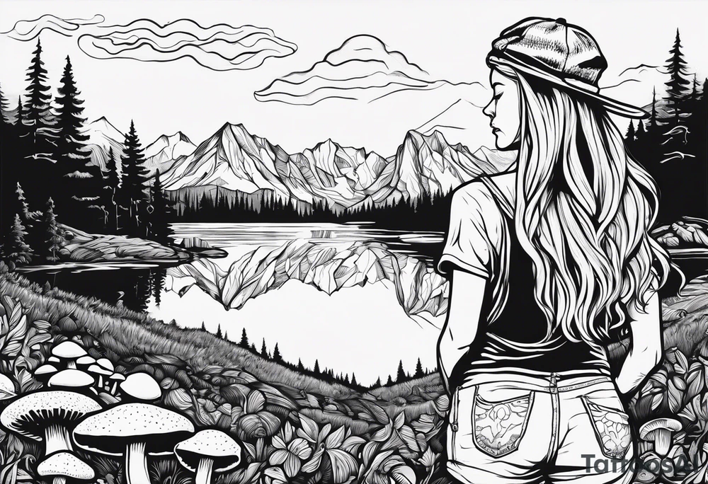 Straight long blonde hair hippie girl in distance holding mushrooms in hand facing away toward mountains and creek surrounded by mushrooms tee shirt and hiking pants tattoo idea