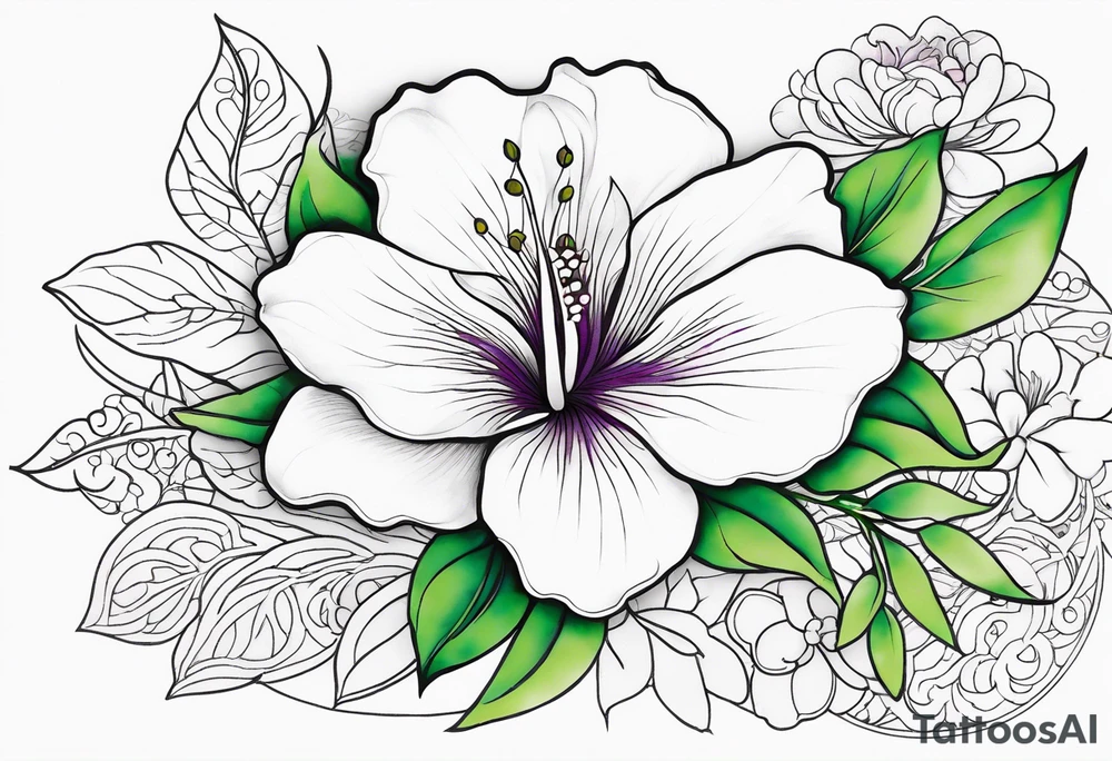 An outline of a rio dipladenia flower with a green and purple watercolor in the background tattoo idea