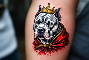 Crowned pitbull with royal cape, silver-gray fur, deep red velvet cape with gold trim, a golden crown set slightly crooked for a touch of character. tattoo idea