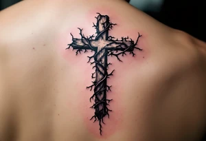 A detailed upside down cross with thorny vines wrapping around it, darkened with black ink and deep purple shadows, symbolizing struggle and resilience. tattoo idea