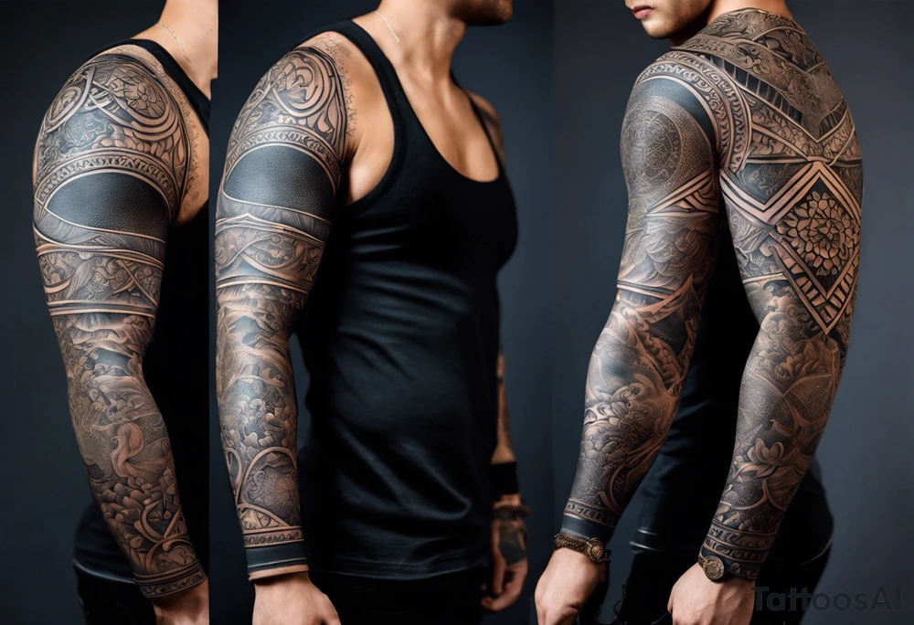 A full tattoo sleeve inspired by Greek mythology, designed with a dark and powerful aesthetic. The centerpiece is the Greek goddess Aphrodite, depicted with a strong yet ethereal presence, embodying both beauty and power. Surrounding her, intricate mandala patterns are woven into the design, adding a sense of balance and symmetry while maintaining a masculine edge. The shading throughout the sleeve is heavy and dramatic, creating deep contrasts and a sense of depth. Additional elements like laurel wreaths, classical columns, or stormy ocean waves intertwine with Aphrodite, symbolizing strength, endurance, and the untamed forces of nature. The overall design should be bold and intense, capturing the mythological grandeur in a way that resonates with a strong, masculine energy. tattoo idea