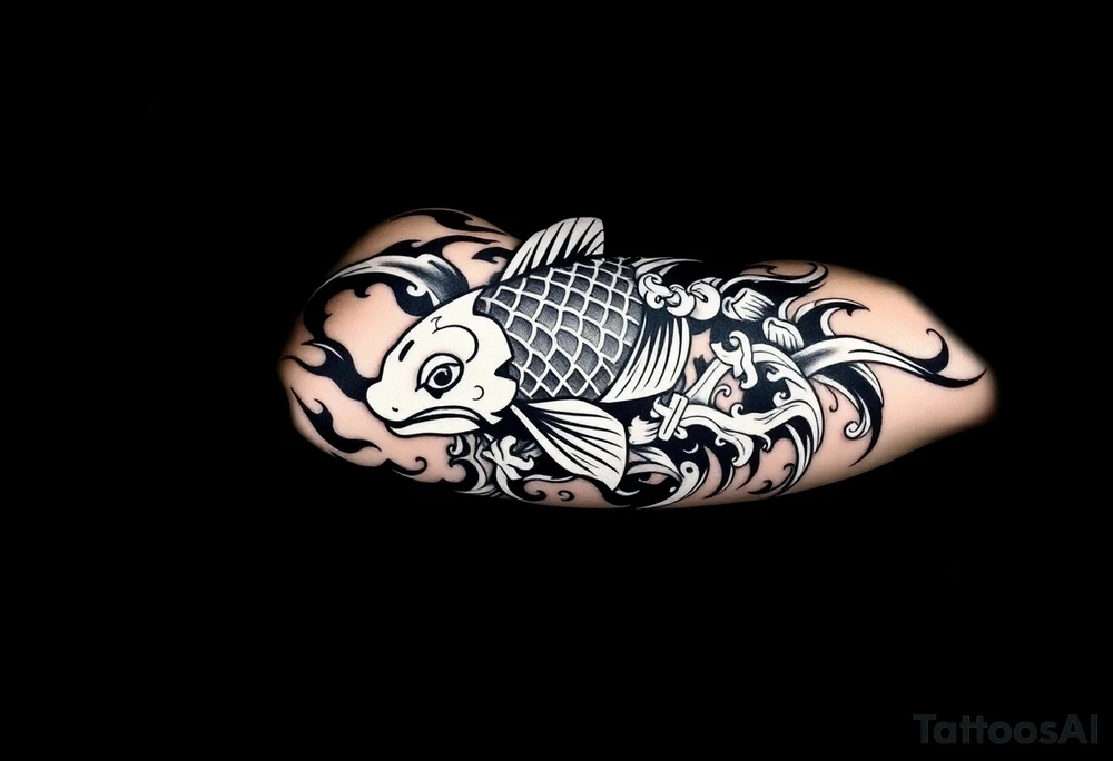 traditional koi fish swimming upstream through turbulent waves tattoo idea